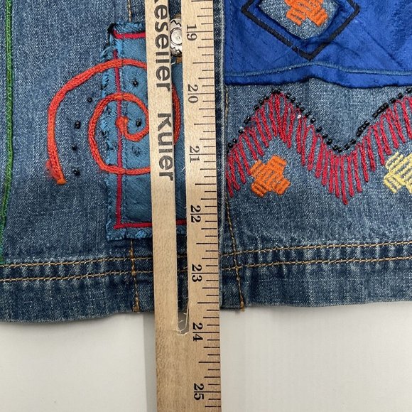 Vintage Chico's Denim Jacket Womens 2 Silk Patxhwork Designs Womens L/12 - Picture 6 of 14
